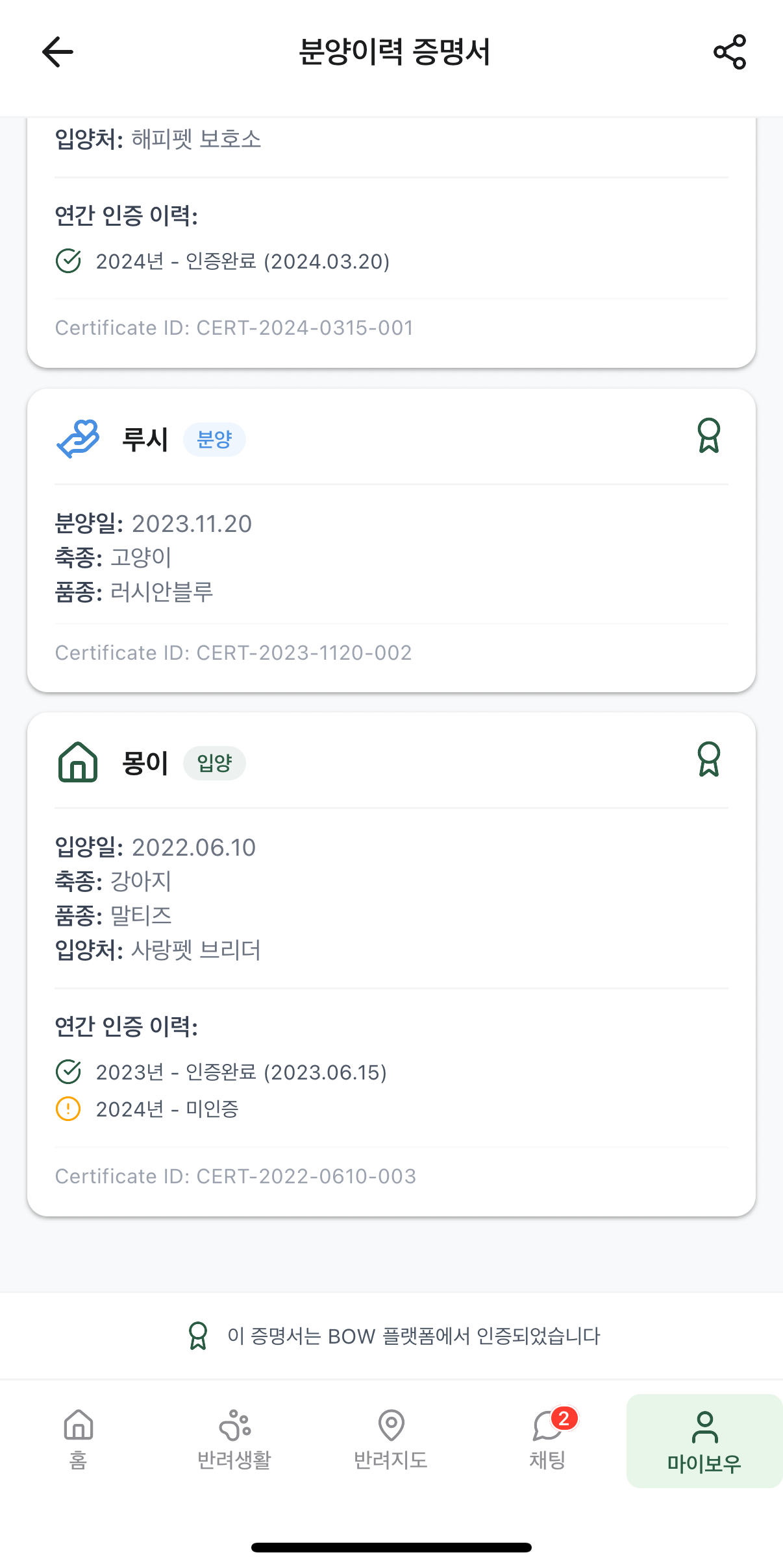 분양 이력 증명서 상세